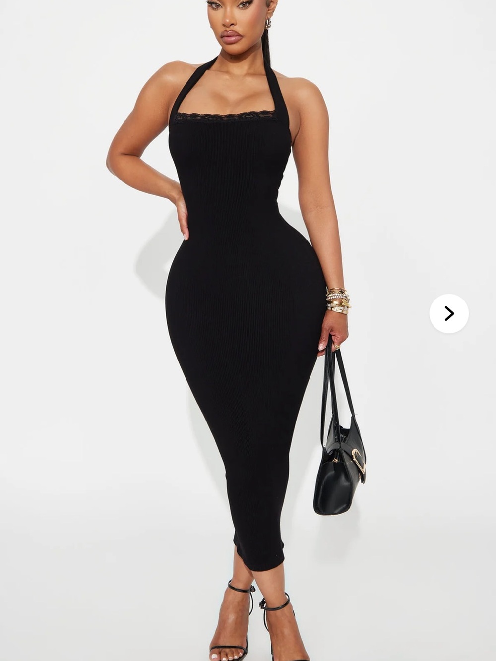 Black Halter Midi Dress with Lace Trim